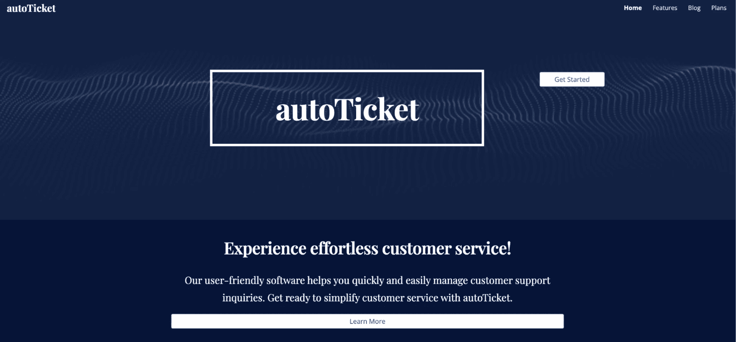 Initial AutoTicket homepage design with dark blue styling